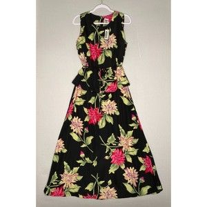 Premier International Vintage Dress Large Black Floral Waist Tie Maxi